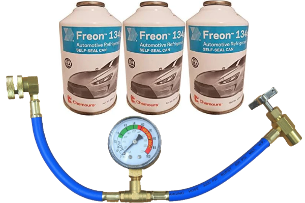 Chemours Brand R134a Refrigerant for MVAC use in a 12-Ounce Self-Sealing Container (3 Pack) with guage