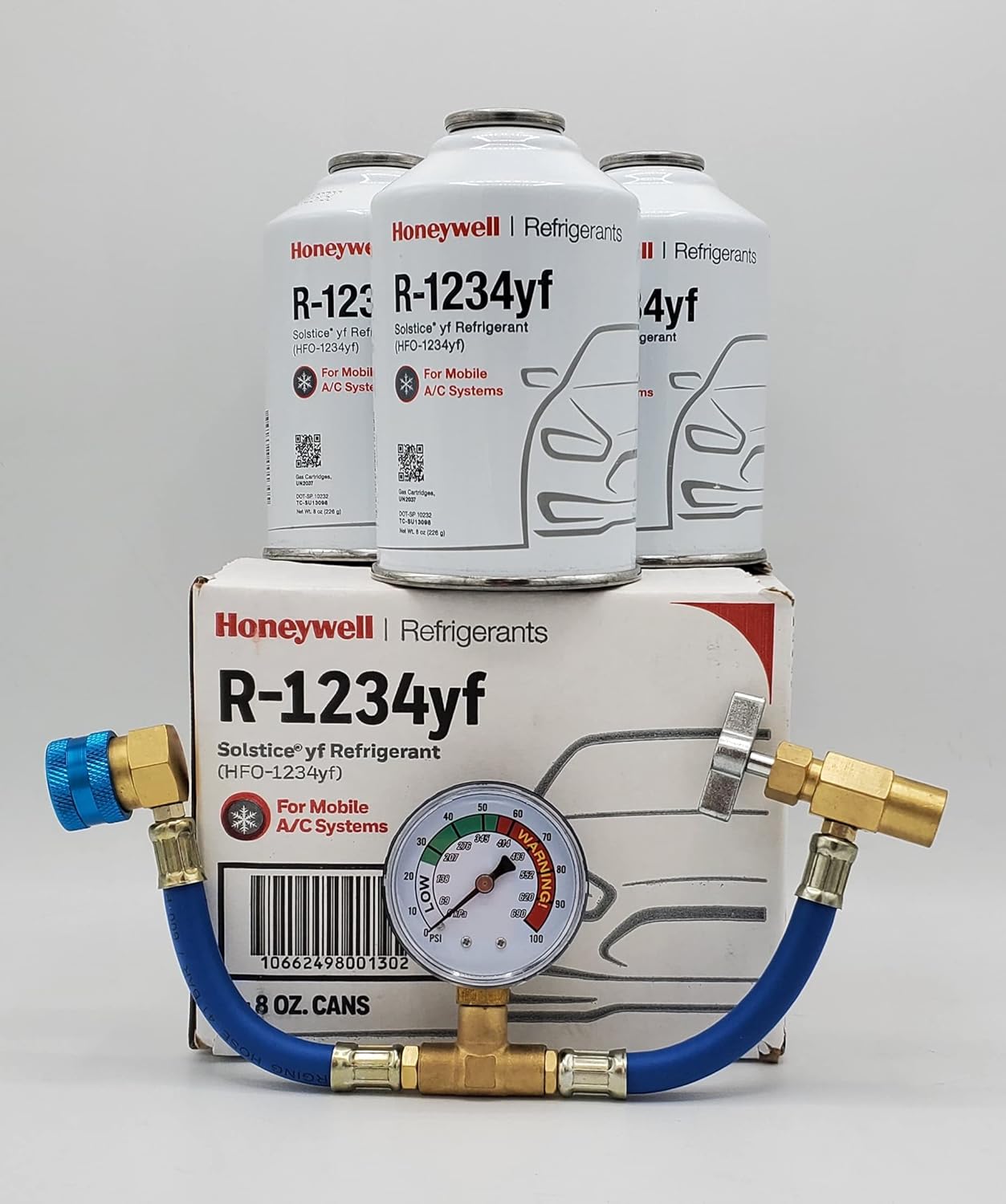 Honey Well Genuine 8oz R1234YF Refrigerant (3 8oz Cans) & HD Brass Can Tap with Gauge