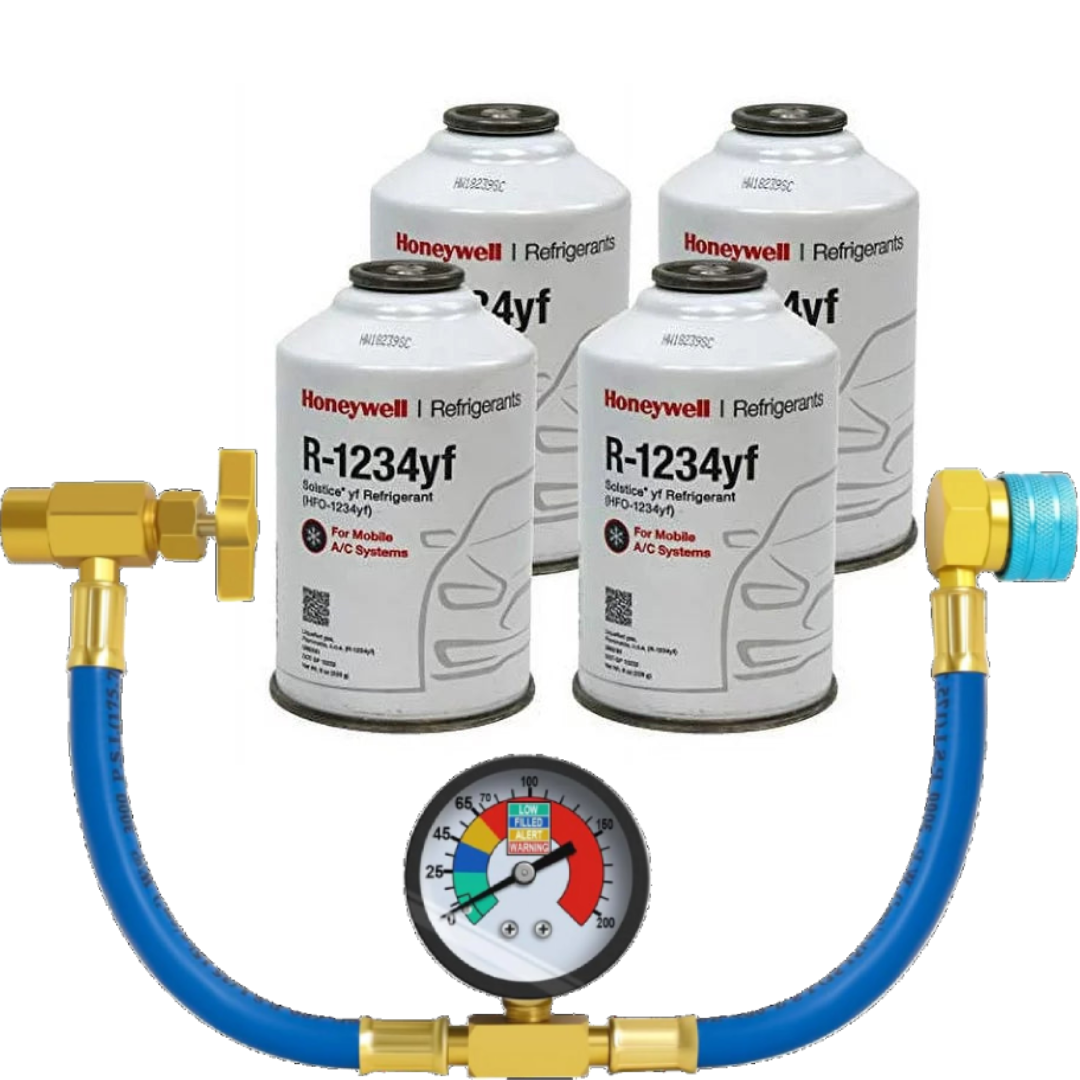 HoneyWell R1234YF Refrigerant (4 Cans 8oz) & HD Brass Can Tap with Gauge